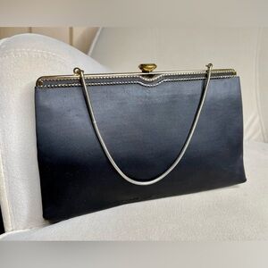 Vintage Black Clutch Wristlet Handbag Gold Latch Chain Small Elegant Evening